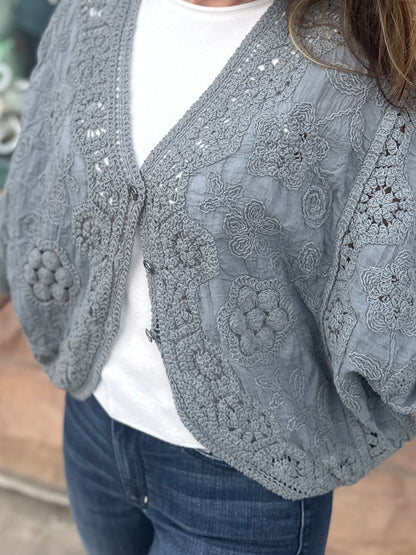 Grey Crochet Cropped Cardigan