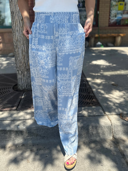 Smocked Waist Wide Leg Patchwork Pants