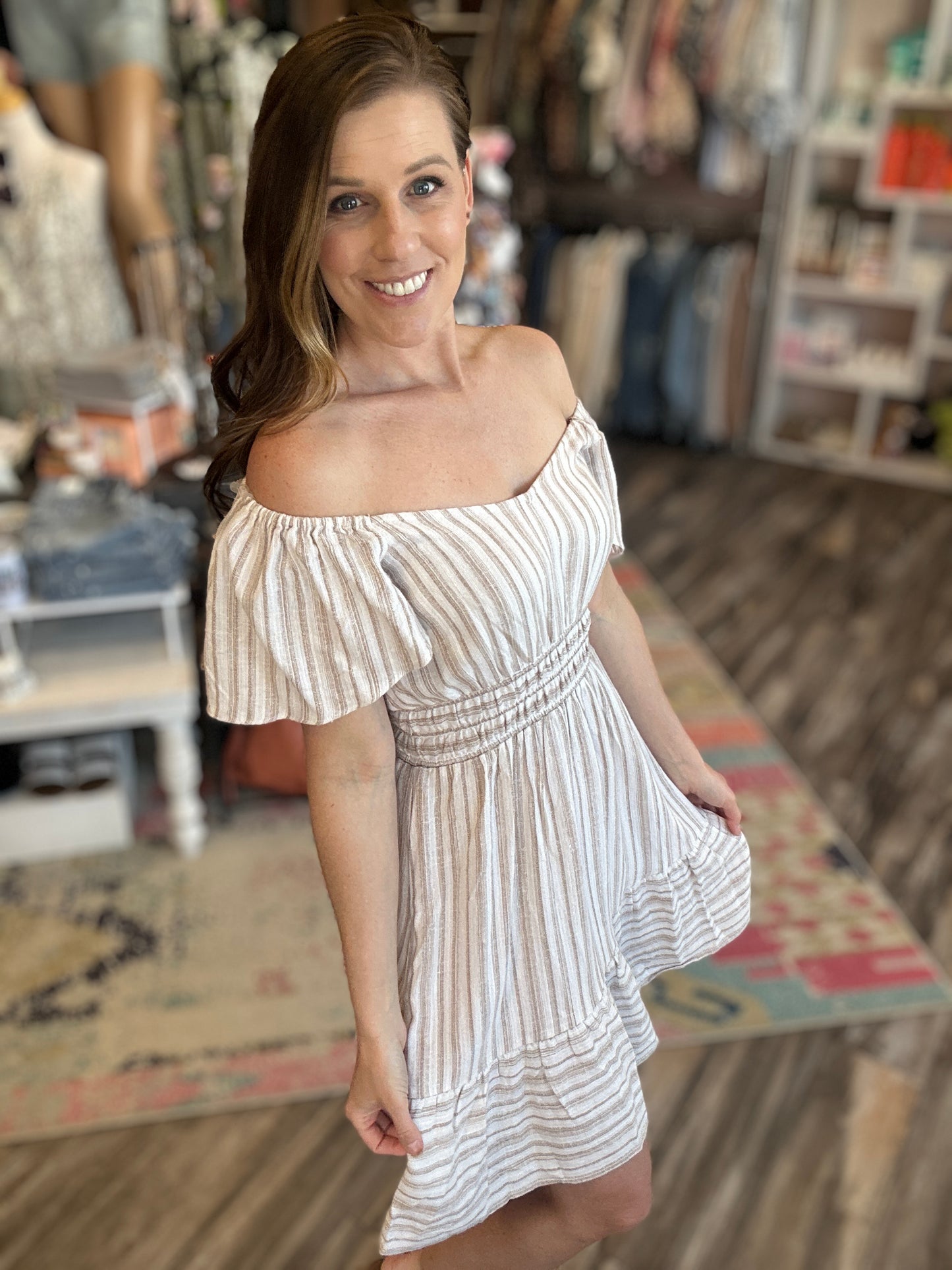 Flutter Sleeve Stripe Linen Dress