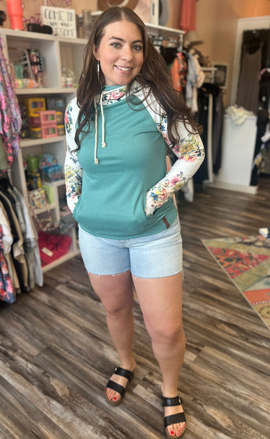 Teal Floral Doublehood Sweatshirt