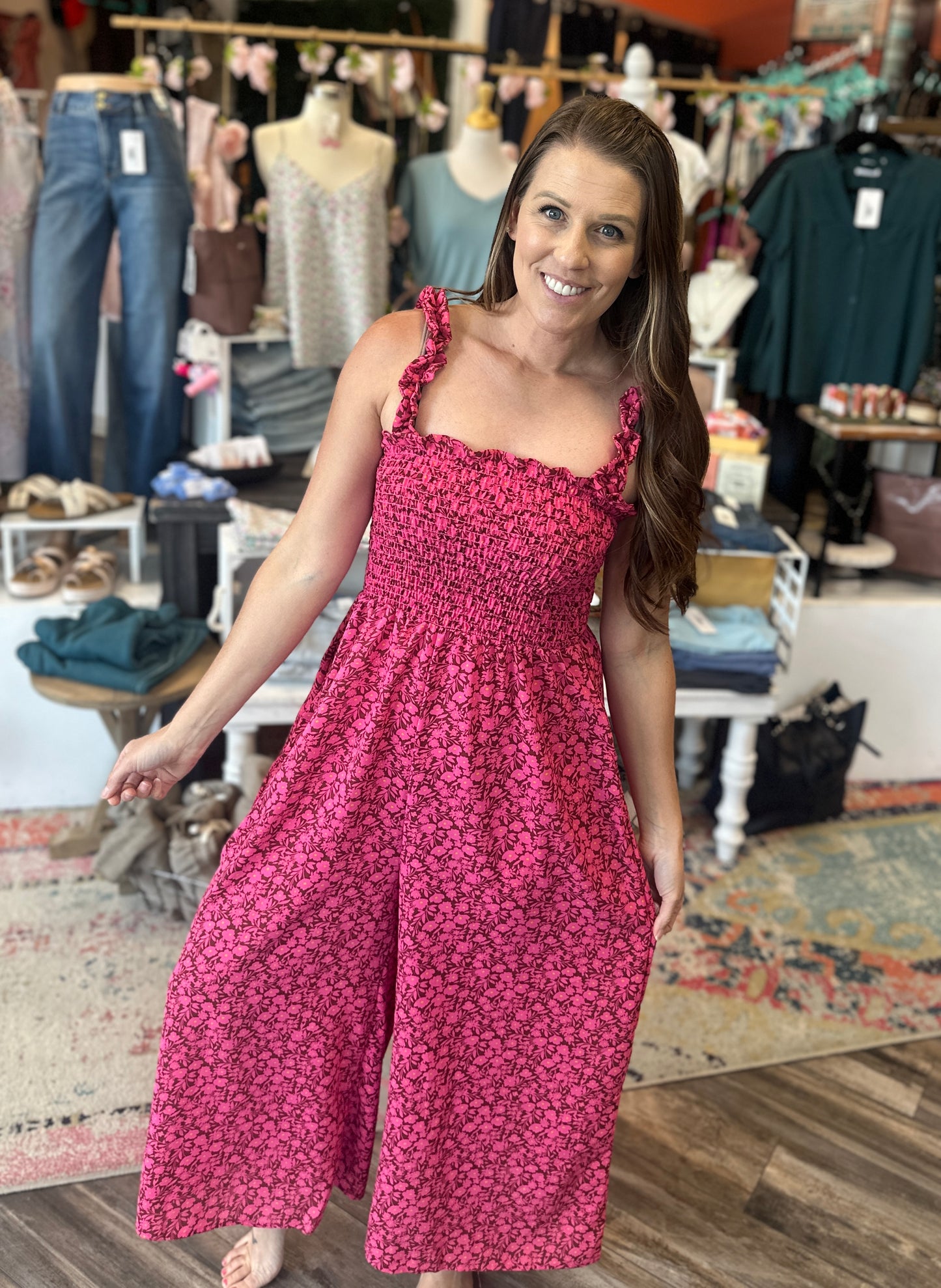 Smocking Frill Strap Floral Wide Leg Jumpsuit
