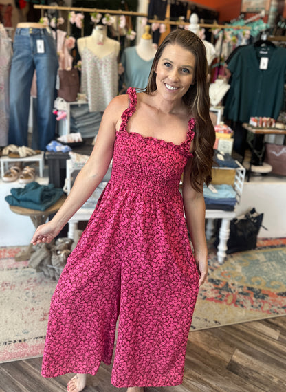 Smocking Frill Strap Floral Wide Leg Jumpsuit