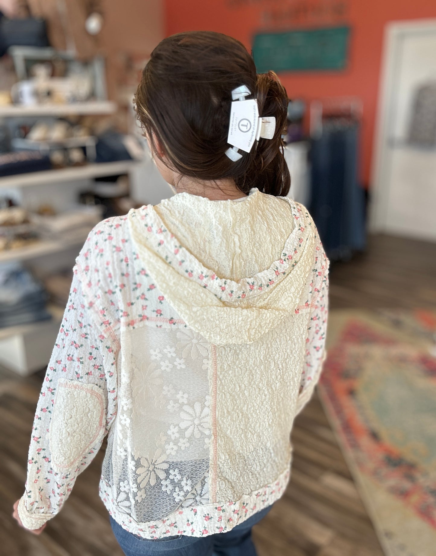 Cream Floral and Lace Hooded Jacket