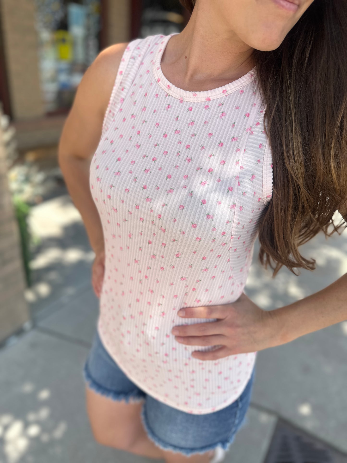 Pink Ribbed Floral Tank