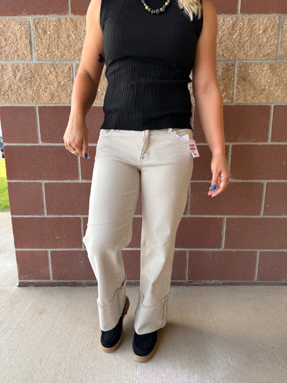 Almond Wide Leg Cuffed Pants