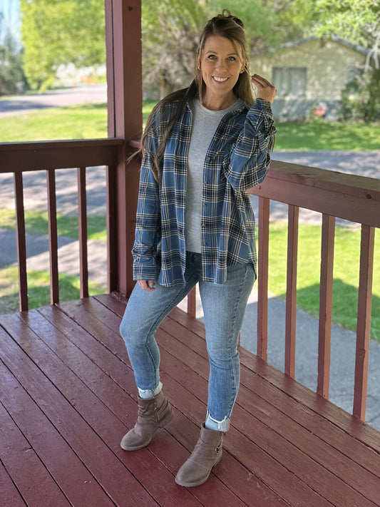 Steel Blue & Gold Plaid Fleece Lined Button Up Long Sleeve