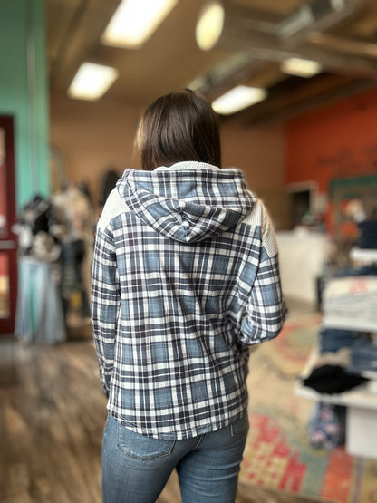 Plaid Contrast Button Down Hoodie