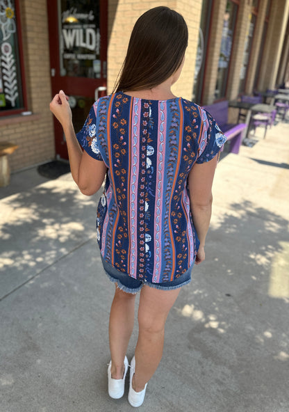 V-Neck Floral Geometric Blouse