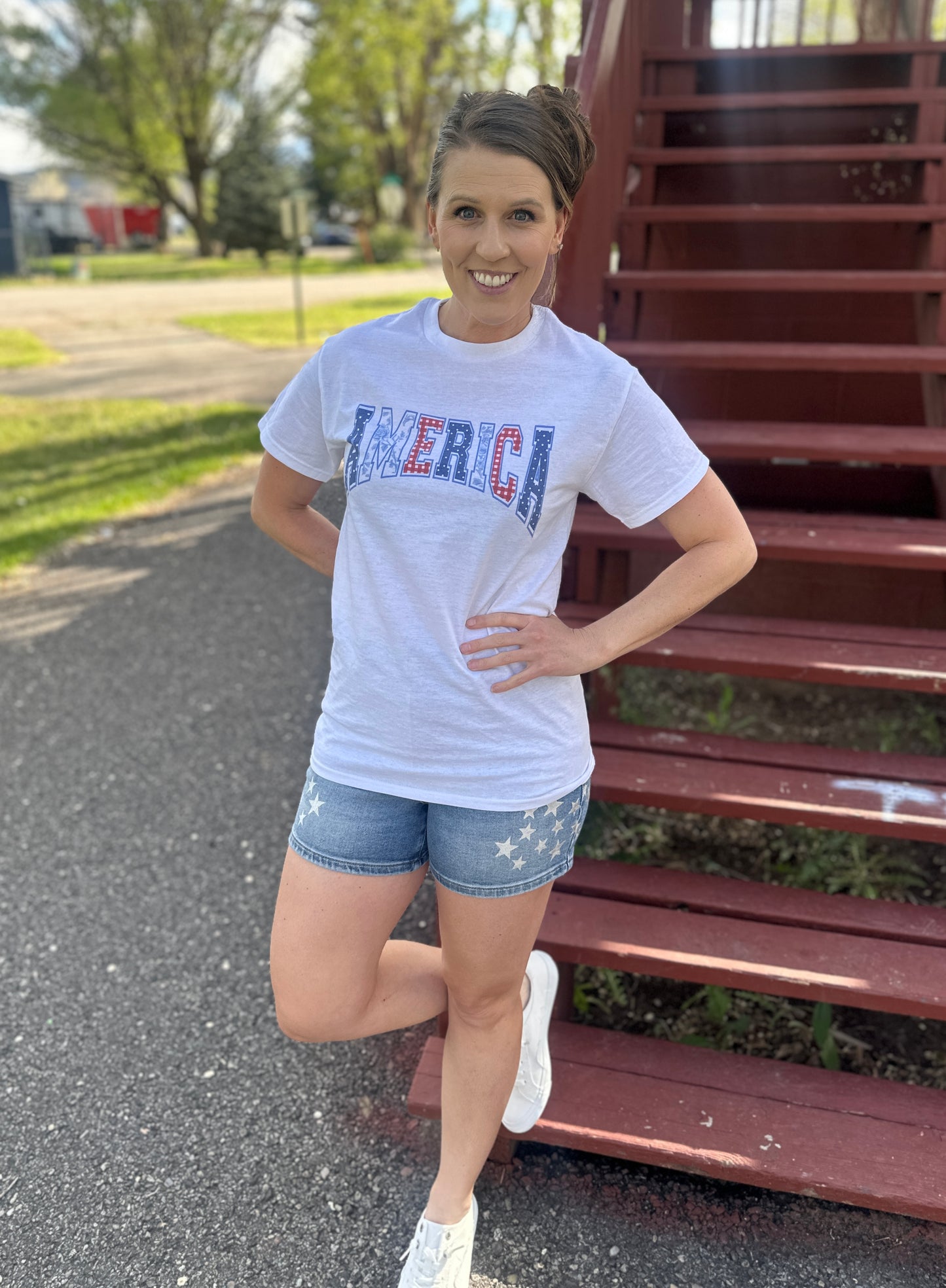 America Faux Applique Short Sleeve