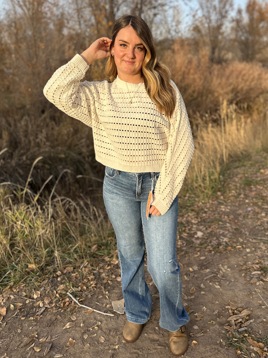 Cream Cropped Pointelle Sweater