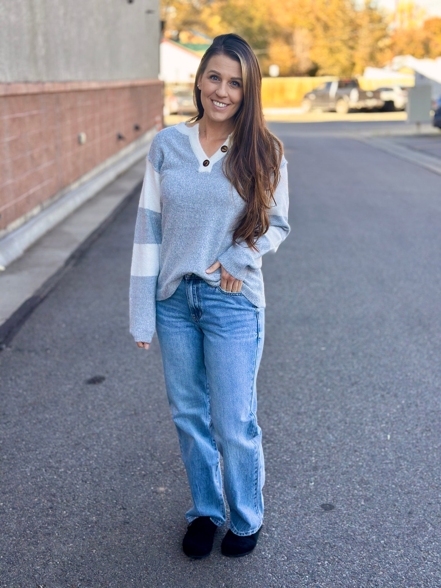 Heather Grey Sweater with Button Neckline