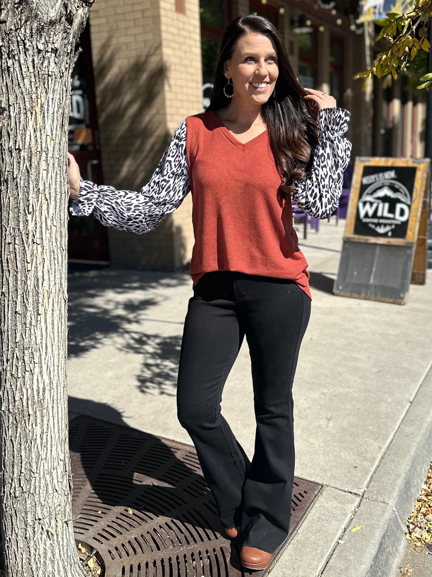 Rust Waffle Knit + Animal Print Long Sleeve