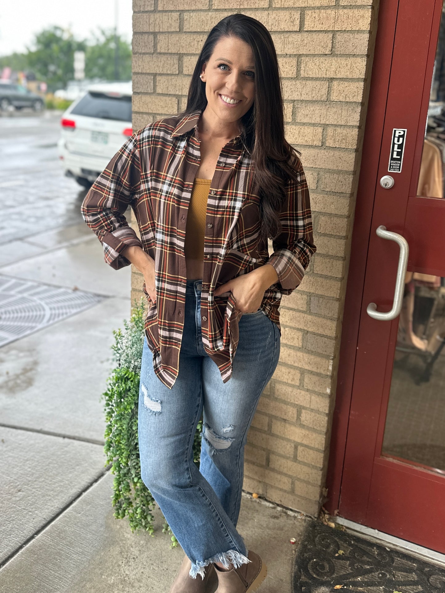 Brown and Orange Plaid Button Down