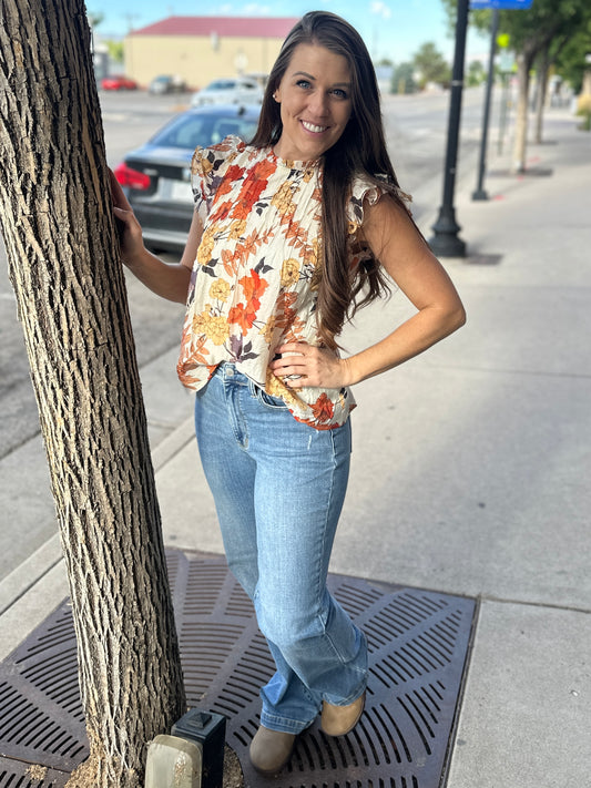 Rust Floral Ruffle Short Sleeve