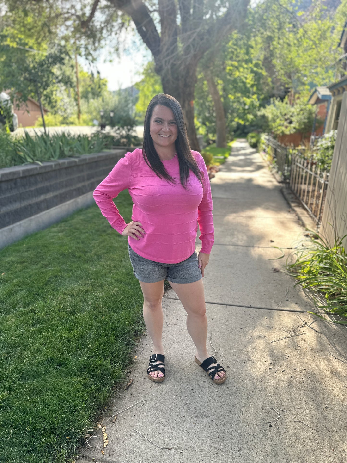 Hot Pink Pin Tucked Long Sleeve