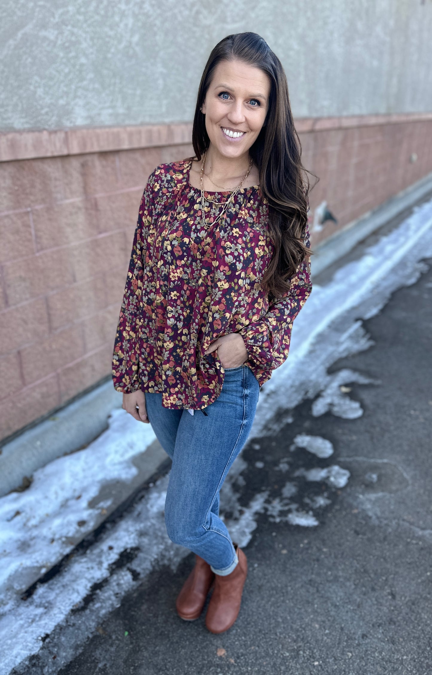 Berry & Floral Long Sleeve Blouse