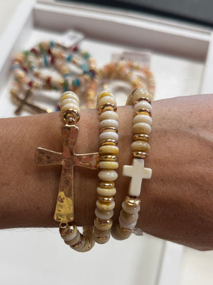 Beaded Gold Cross Stretch Bracelet Set