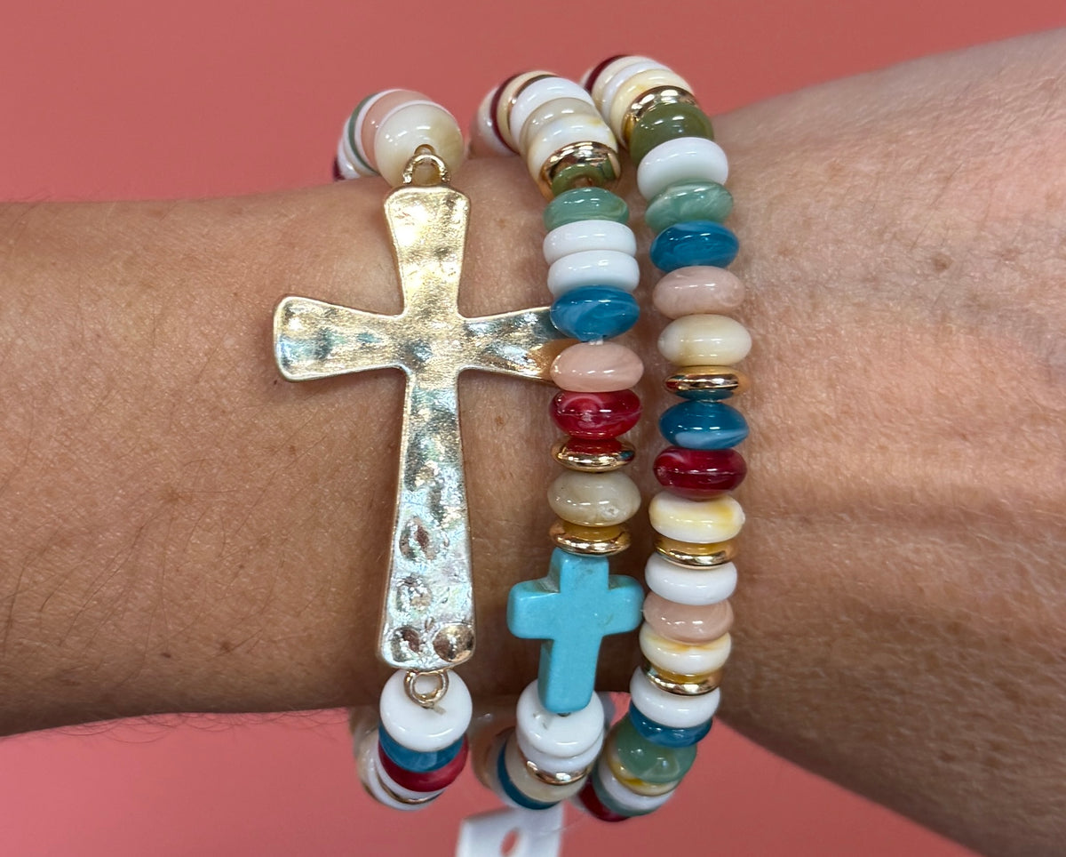 Beaded Gold Cross Stretch Bracelet Set