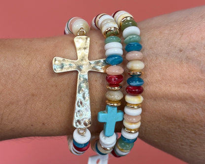 Beaded Gold Cross Stretch Bracelet Set