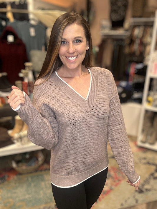 Taupe Knit V-Neck Sweater