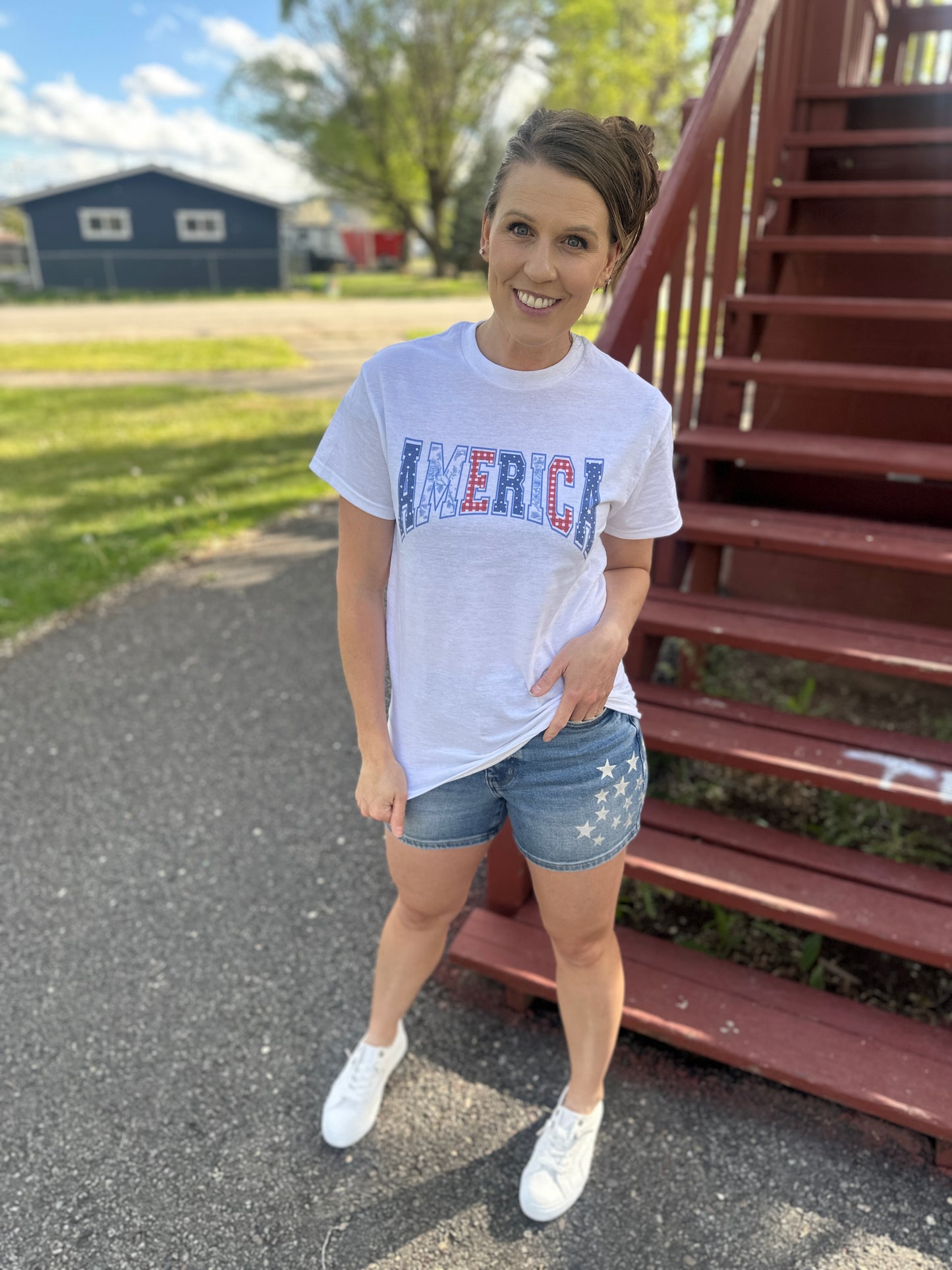 America Faux Applique Short Sleeve