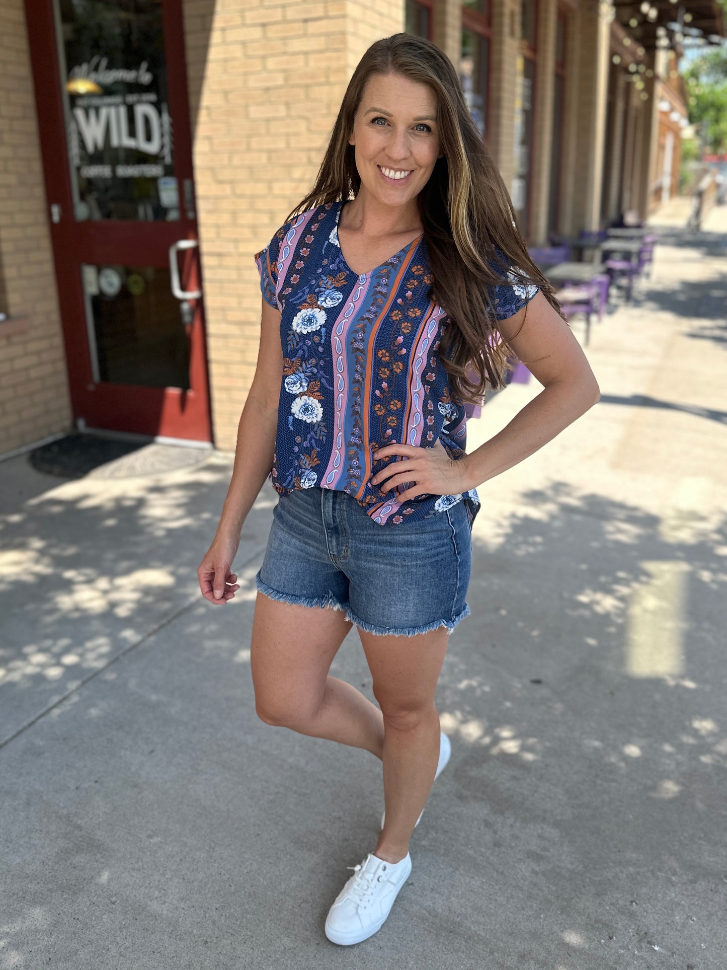 V-Neck Floral Geometric Blouse