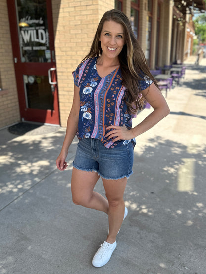 V-Neck Floral Geometric Blouse