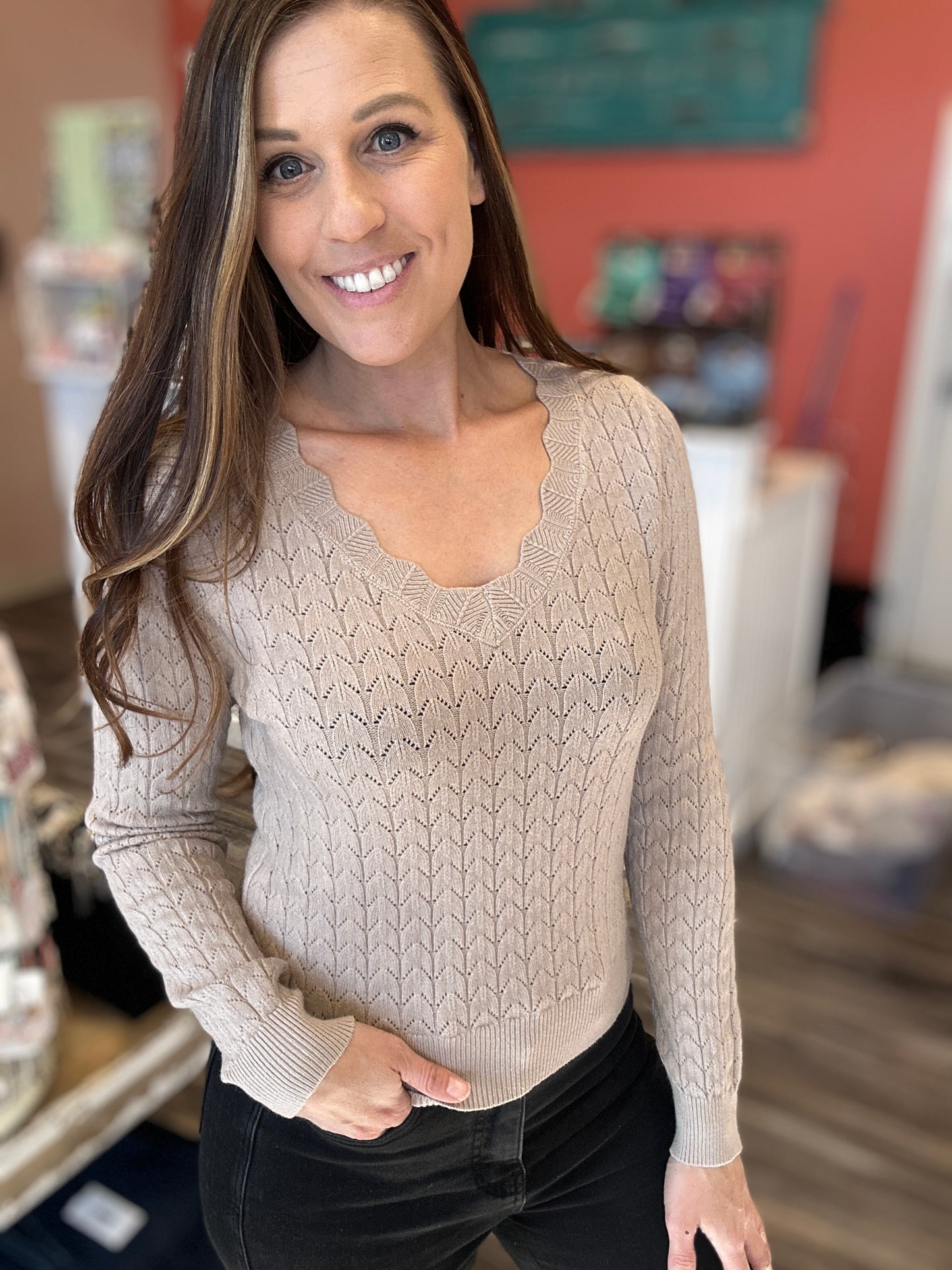 Scallop Neck Pointelle Sweater