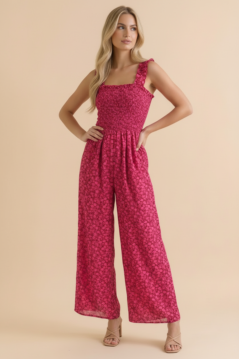 Smocking Frill Strap Floral Wide Leg Jumpsuit