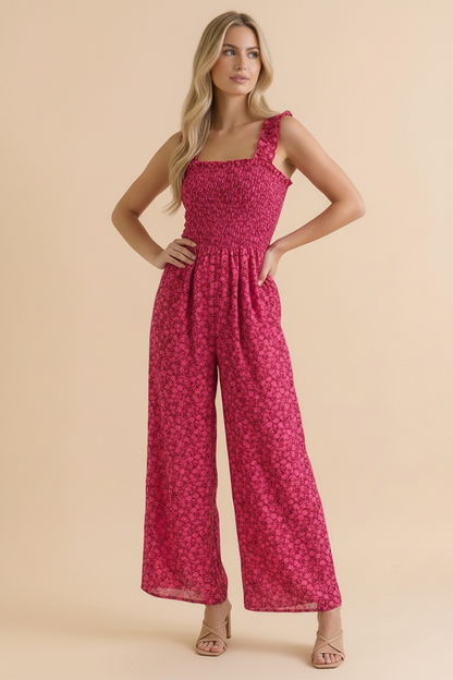 Smocking Frill Strap Floral Wide Leg Jumpsuit