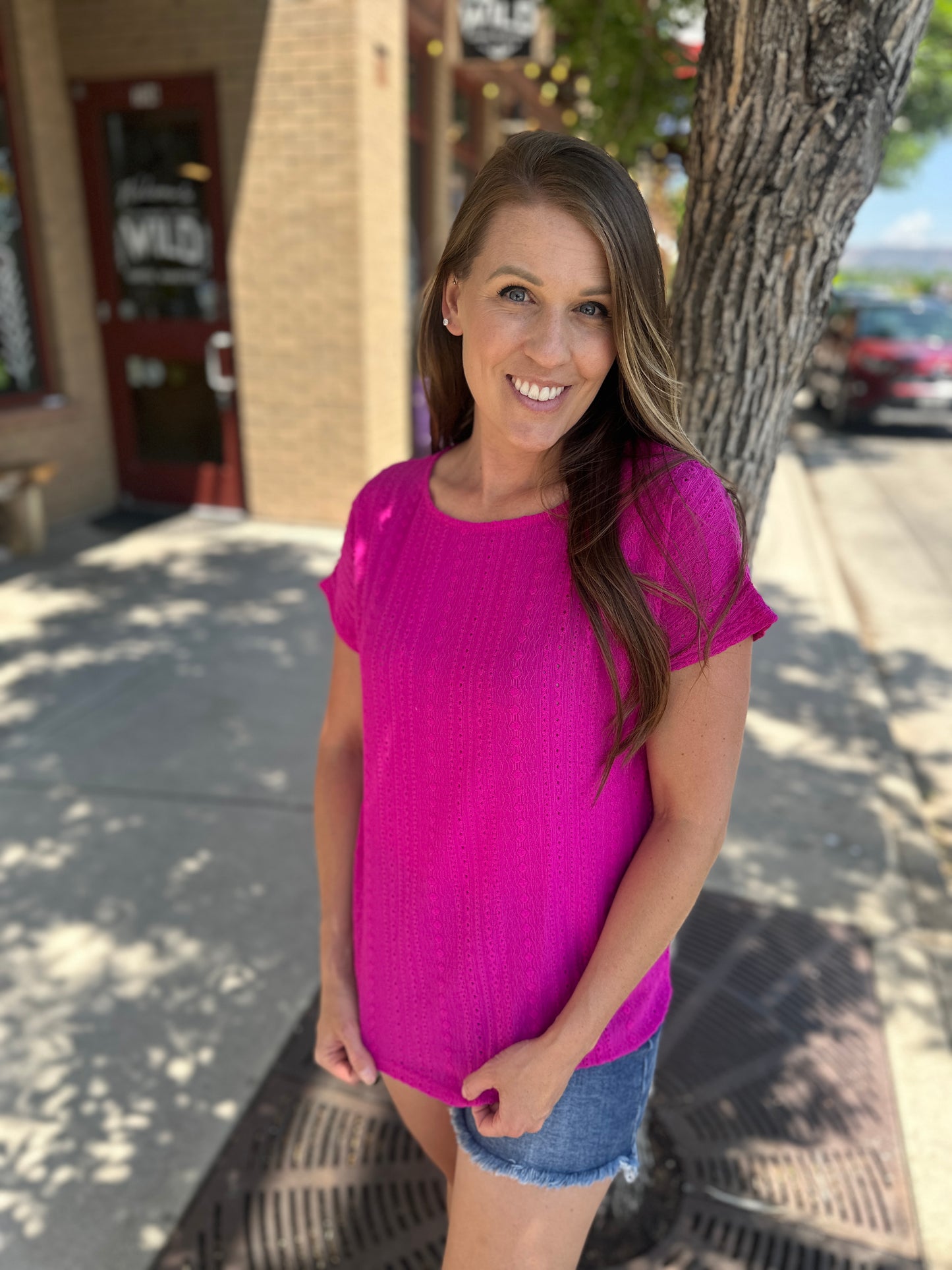 Magenta Eyelet Short Sleeve