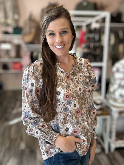 Ruffle Smocked Long Sleeve Blouse