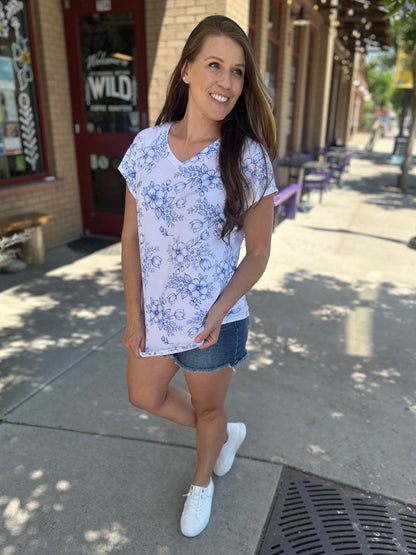 Drop Shoulder Floral Print Knit Top
