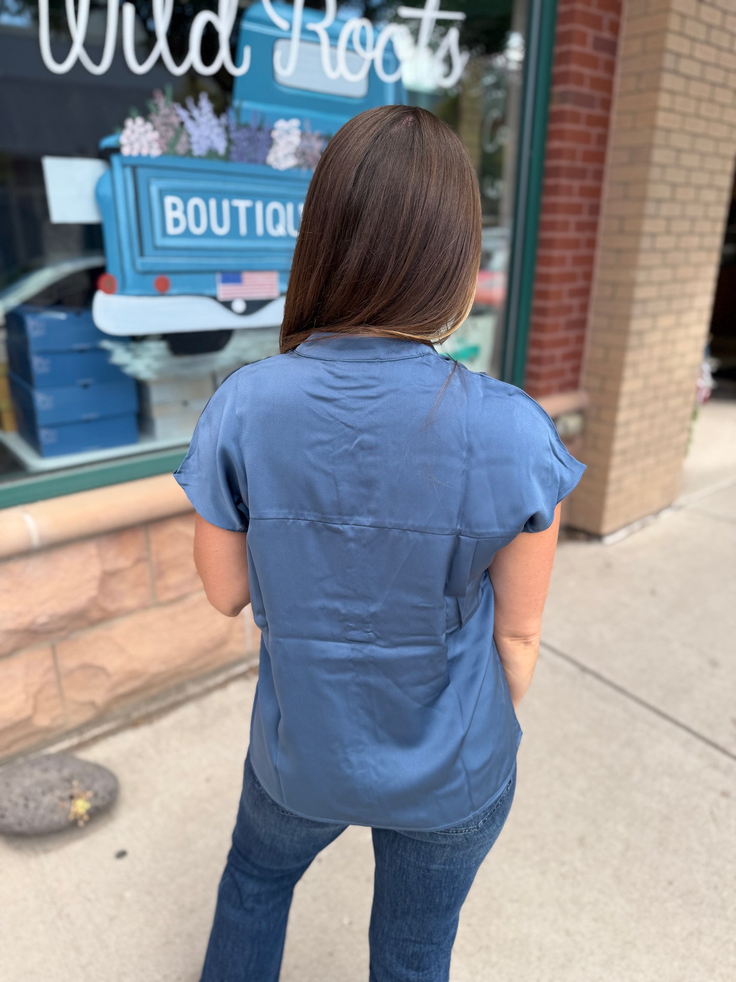 Blue Satin Dolman Blouse