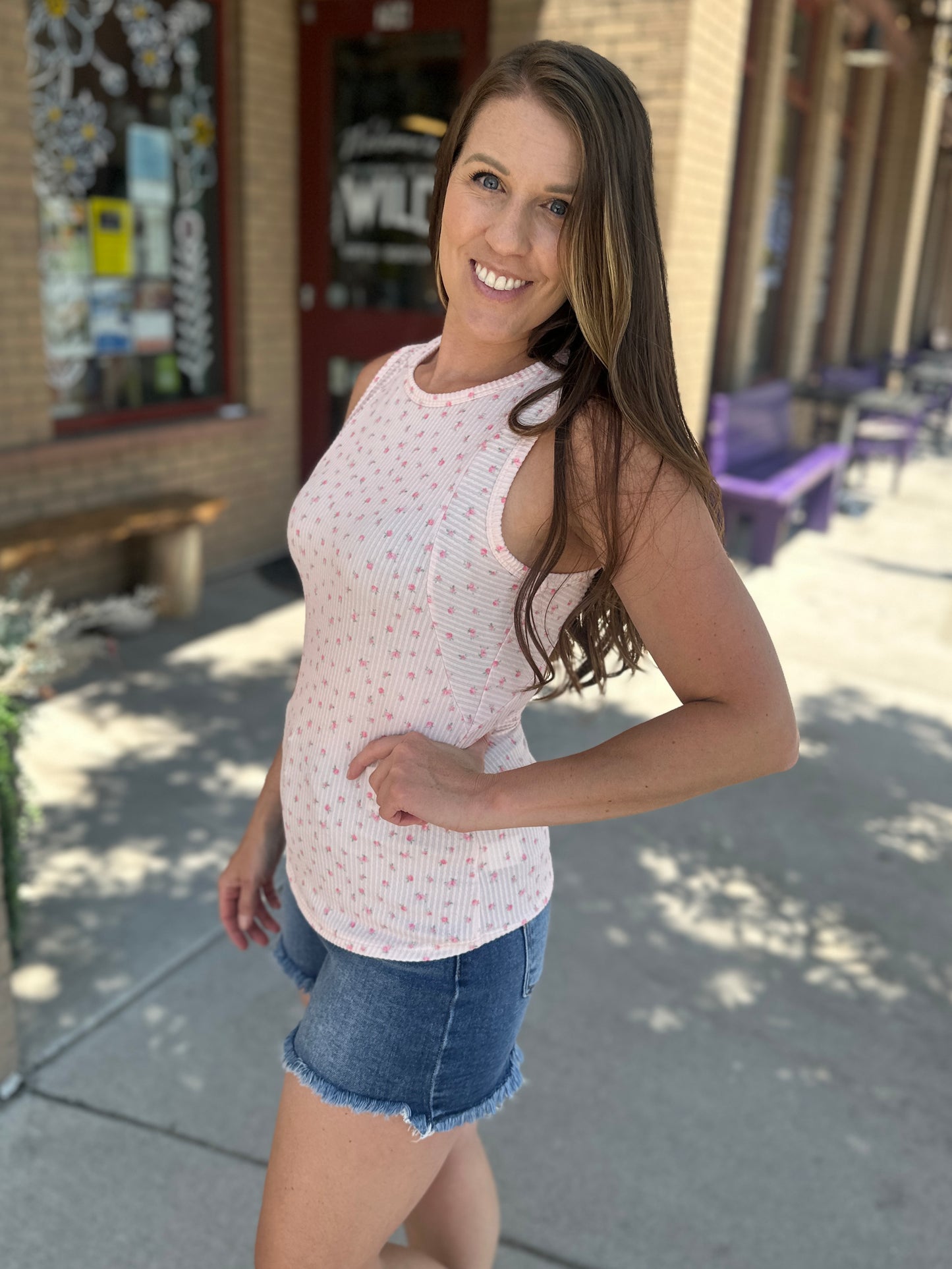 Pink Ribbed Floral Tank