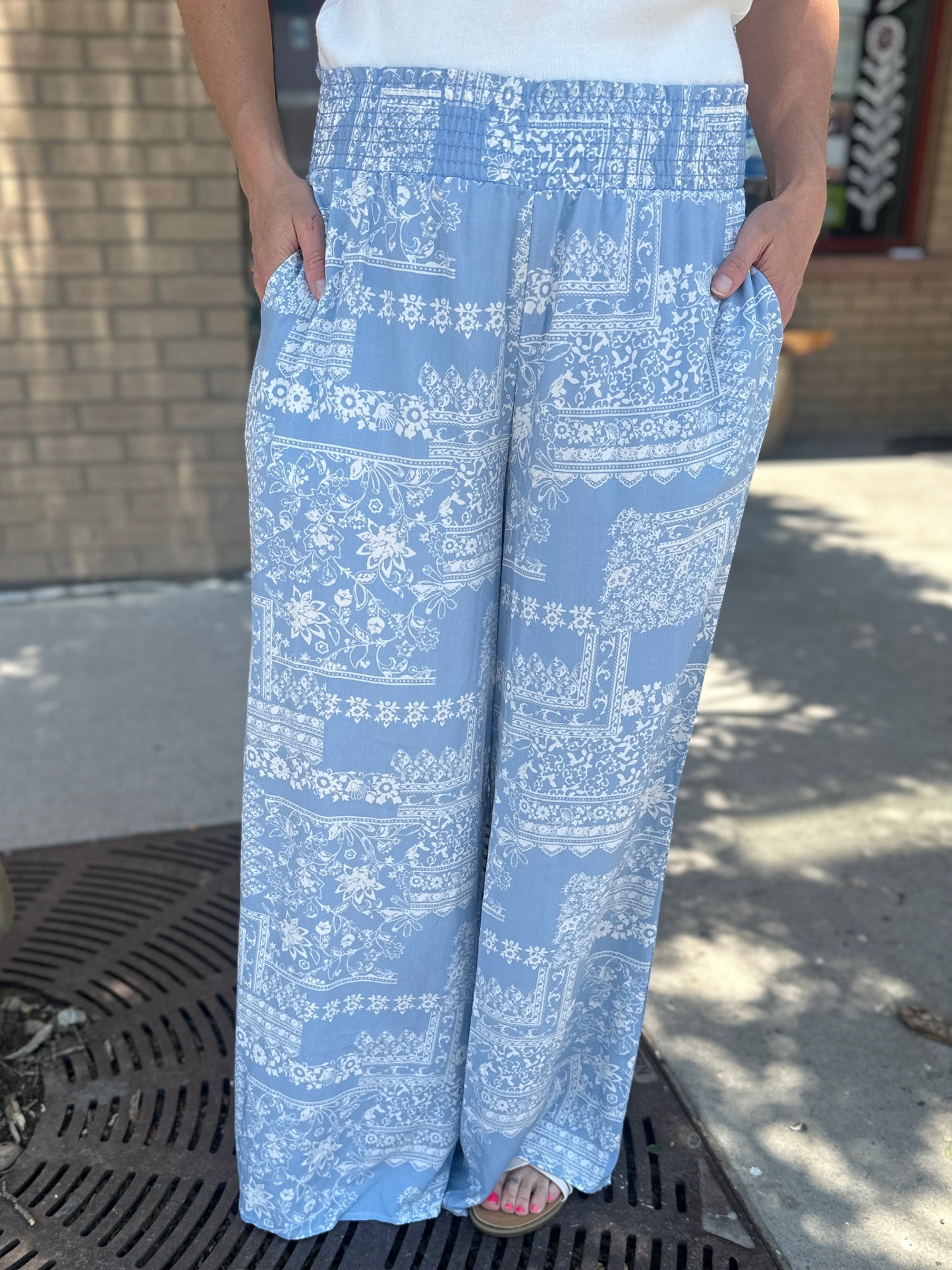 Smocked Waist Wide Leg Patchwork Pants