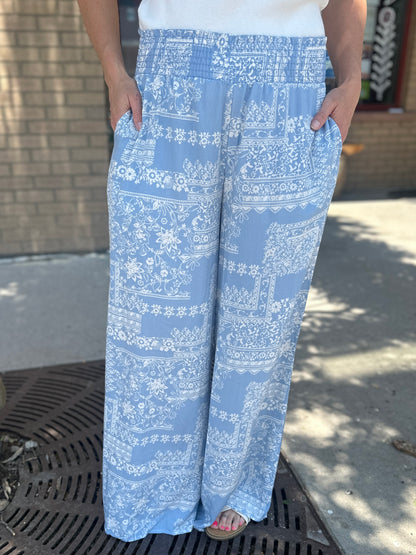 Smocked Waist Wide Leg Patchwork Pants