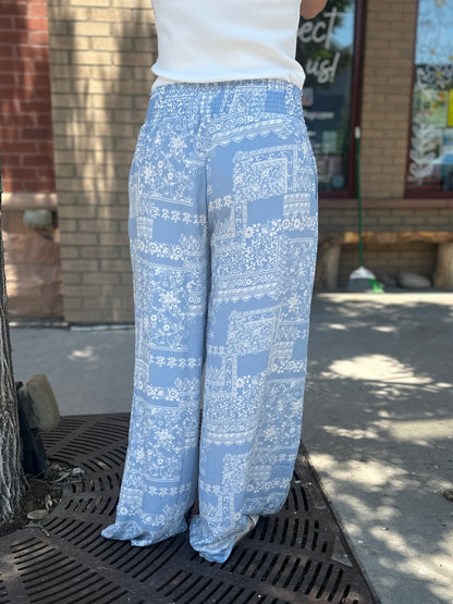 Smocked Waist Wide Leg Patchwork Pants