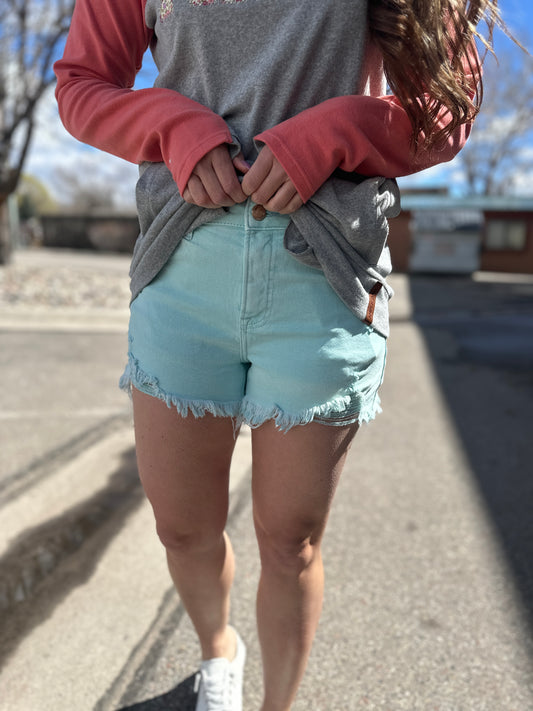 Mint Frayed Hem Mid Rise Shorts