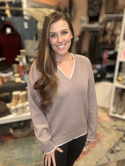Taupe Knit V-Neck Sweater