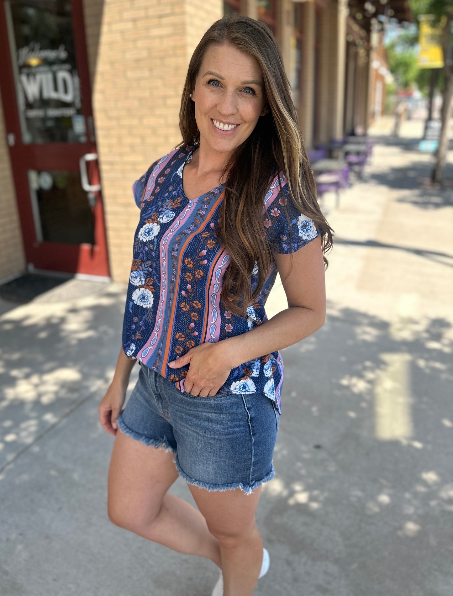 V-Neck Floral Geometric Blouse