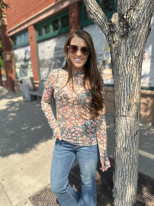 Faded Blue Flower Mesh Top