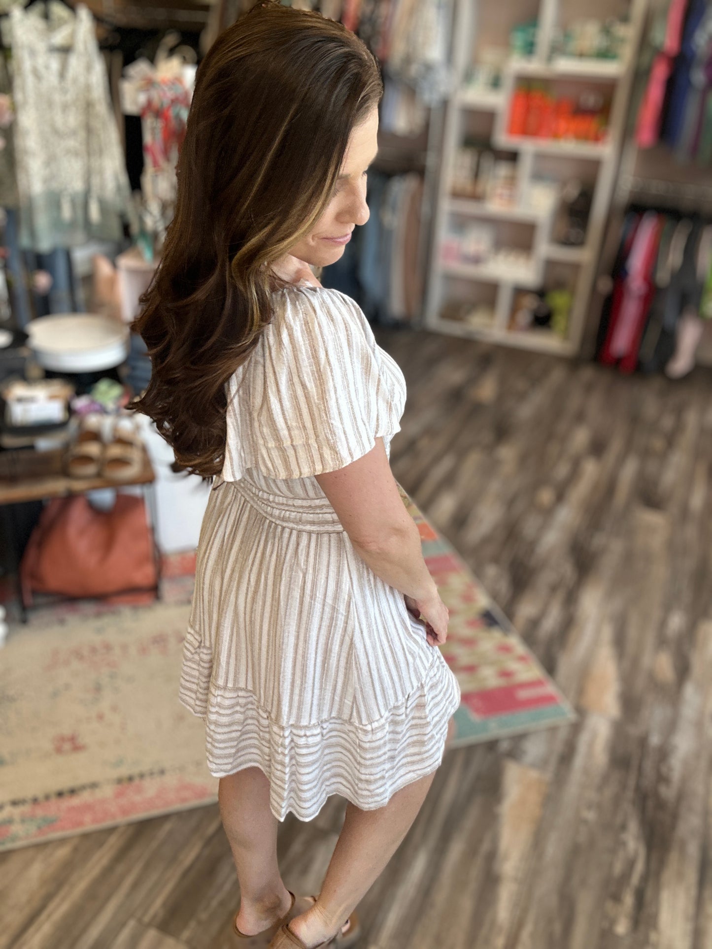 Flutter Sleeve Stripe Linen Dress
