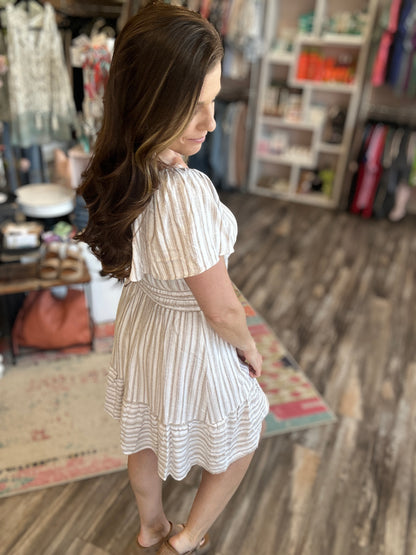 Flutter Sleeve Stripe Linen Dress