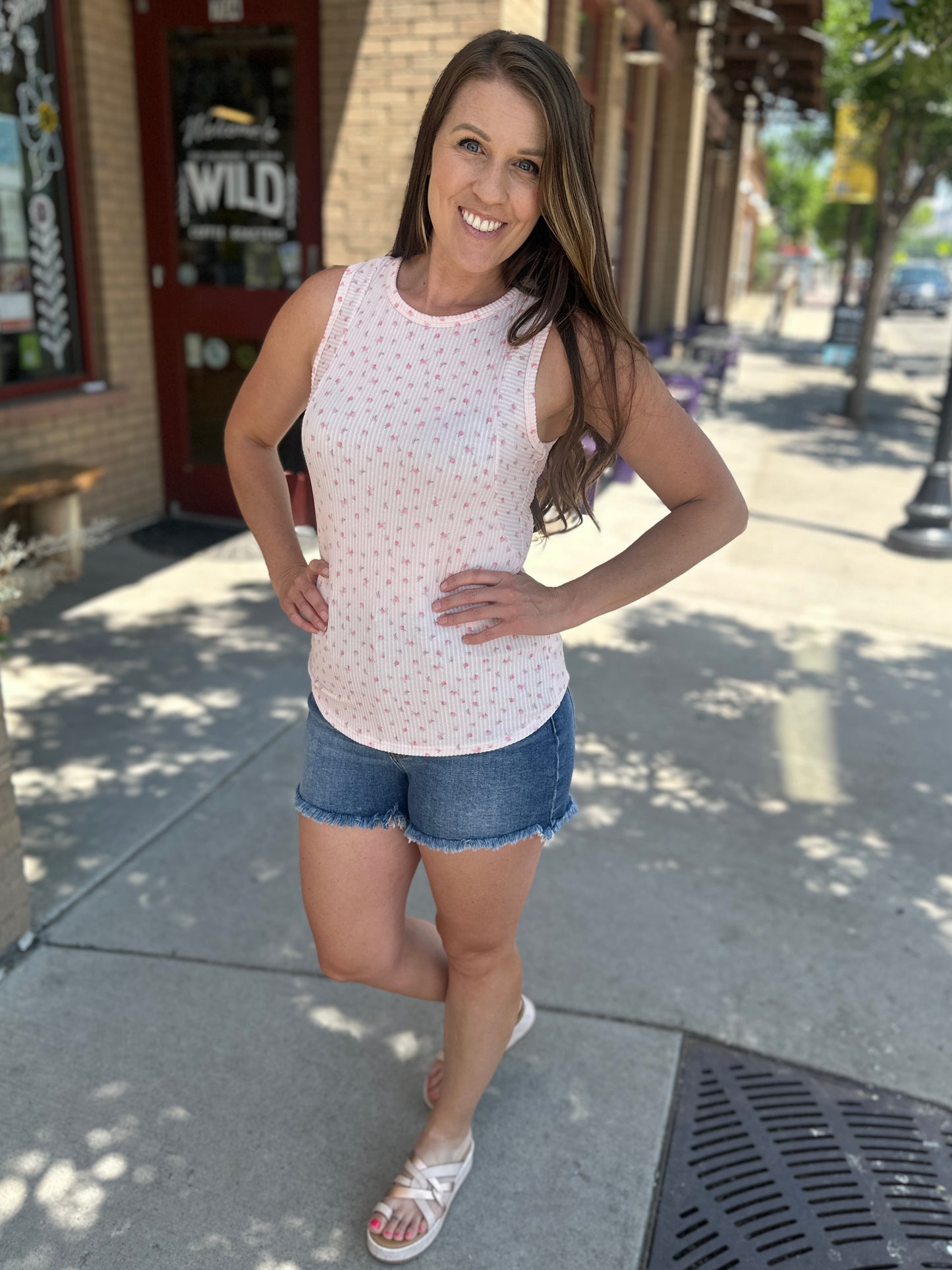 Pink Ribbed Floral Tank