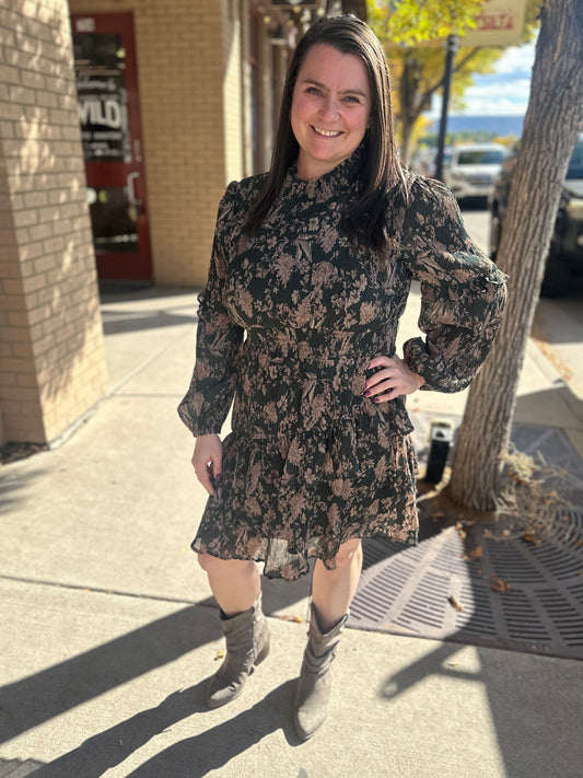 Green and Brown Floral Midi Dress