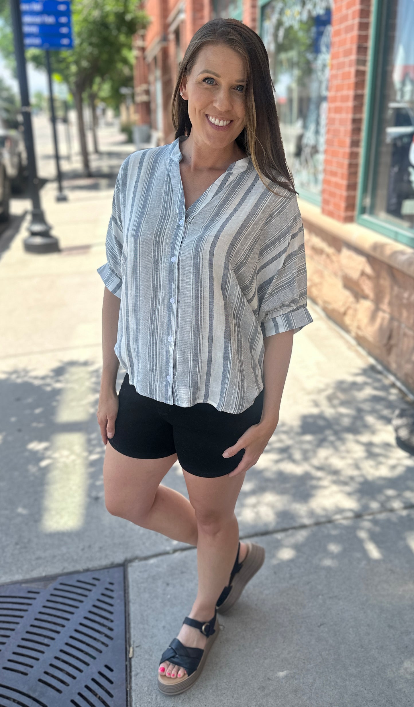 Striped V-Neck Yarn Dye Short Sleeve