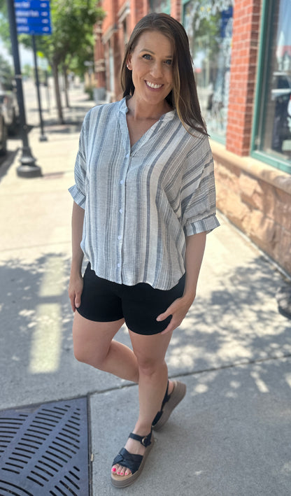 Striped V-Neck Yarn Dye Short Sleeve