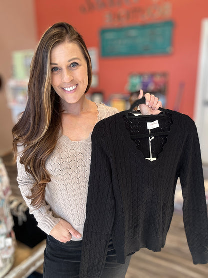 Scallop Neck Pointelle Sweater