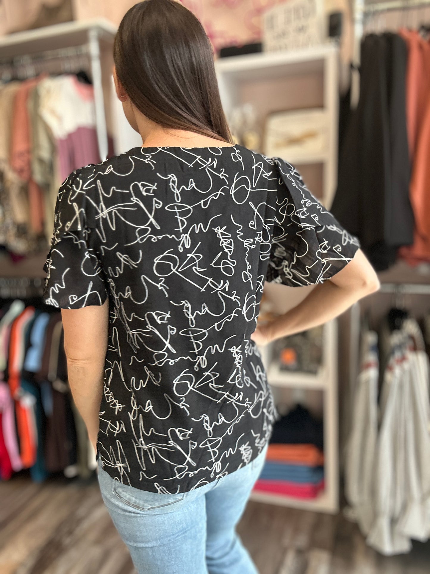 Black Abstract Ruffle Blouse Top